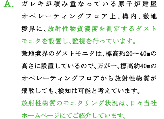 A.ガレキが積み重なっている原子炉建屋オペレーティングフロア上、構内、敷地境界に、放射性物質濃度を測定するダストモニタを設置し、監視を行っています。
敷地境界のダストモニタは、標高約20〜40mの高さに設置しているので、万が一、標高約40mのオペレーティングフロアから放射性物質が飛散しても、検知は可能と考えています。
放射性物質のモニタリング状況は、日々当社ホームページにてご紹介しています。
