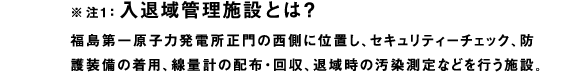 ※注1：入退域管理施設とは？
福島第一原子力発電所正門の西側に位置し、セキュリティーチェック、防護装備の着用、線量計の配布・回収、退域時の汚染測定などを行う施設。